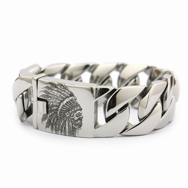 

linsion deep engraved stainless steel indian chief skull mens biker bracelet 5d301, Black