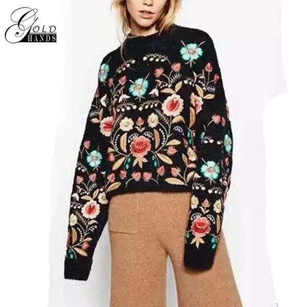 

Золотые Руки Осень Женщины Завод Ботанический Вышитые Свитер Черный С Длинным Ру