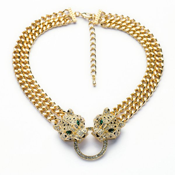 2015 Moda Moda Ouro Cristal pingente de cabeça de leopardo Luxo colar Gargantilha traje elegante jóias finas