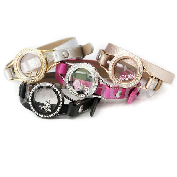 

link, chain waterproof floating charms bracelet stainless steel double wrap leather charm, Black