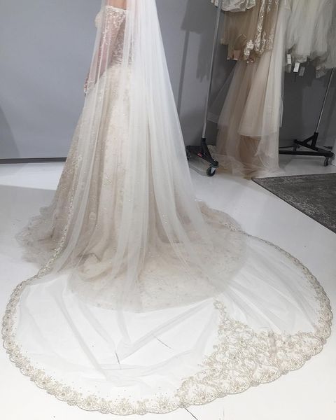 

crystal one layer bridal veils cathedral length 3m long lace applique ivory wedding veil with comb, Black