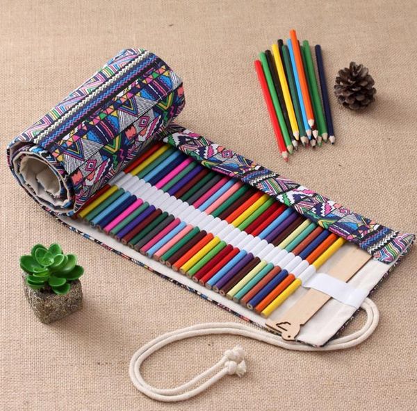 Tela stampata vintage Roll Up Pencil Holder Makeup Pen Case Bag Wrap Curtain Sketch School Supplies