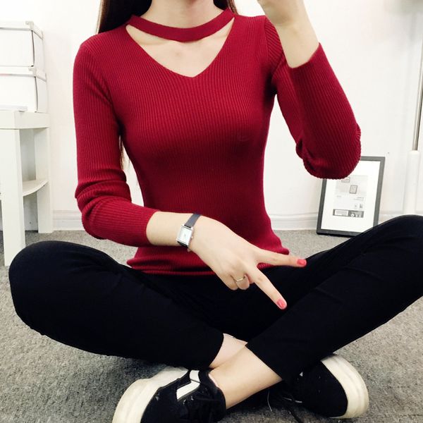 

wholesale- 2017 fashion women spring autumn winter basic knitted shirt female long-sleeve v neck sweater and pullover pull femme, White;black