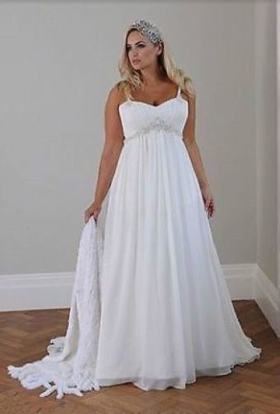 

2019 elegant beach plus size wedding dresses spaghetti straps beaded empire waist chiffon bridal gowns lace up back custom made, White
