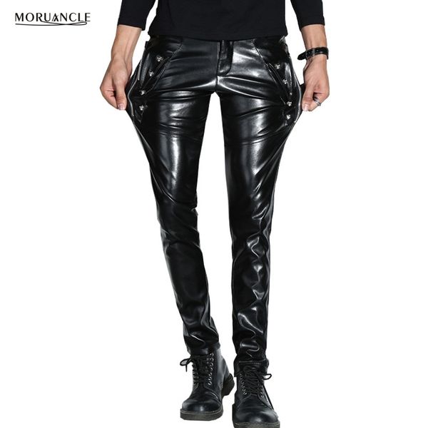 

wholesale- moruancle men skinny faux pu leather pants shiny black trouser nightclub stage performance singers dancer suede joggers stretchy