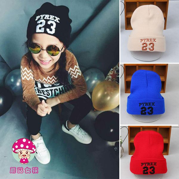 Wholesale-2015 New Autumn winter 23 letter embroidery knitting hat childrens warm wool hat boy/girl personality fashion hat Free shipping