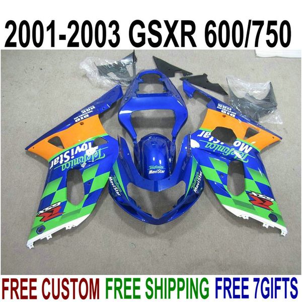 7 Geschenke, perfekt passend für Suzuki GSX-R600 GSX-R750 01 02 03 Verkleidungsset K1 GSXR600/750 2001–2003 blau grün Movistar Verkleidungsset ZB9