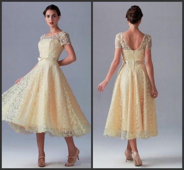 

wedding dresses illusion bateau neck short sleeve bridesmaid dresses vintage lace tea length zipper back short prom party gowns bow sash, White;pink