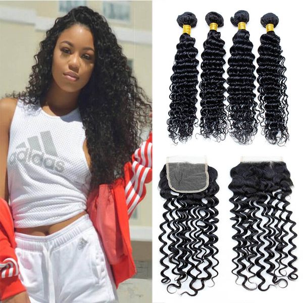 

peruvian virgin hair deep wave lace closure and hair weaves peruvian deep curly human hair weave 4 bundles with lace closure, Black;brown