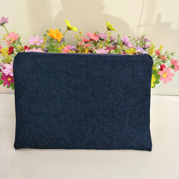 

100 cotton navy denim thick and durable makeup bag with true red lining navy gold zip denim zip pouch