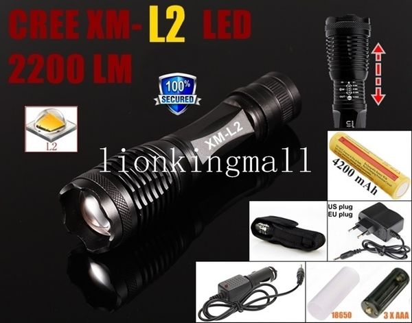 

alonefiree007 cree xm-l2 led 2200lumens zoom flashlight torch with 1x18650 battery+ac charger+car charger+holster