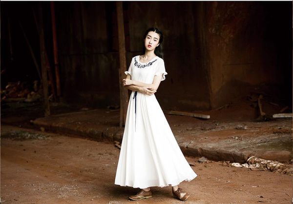 

новое прибытие китайский элемент синий цветочный длинное платье, Black;gray