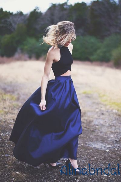 

royal blue crop two piece prom dresses sleeveless vintage high neck floor length long evening gowns women formal prom dress, Black