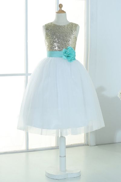 Gold Pailletten Elfenbein Tüll Blumenmädchen Kleid Tutu Prinzessin Kinder Kinder Junior Brautjungfer Kleid mit Minze Schärpe abnehmbar für Hochzeit