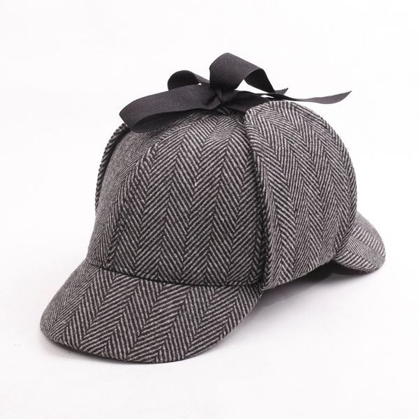

wholesale same style of sherlock holmes cap striped wool deerstalker hat red/kakki/coffee/gray 4 colors ing, Blue;gray