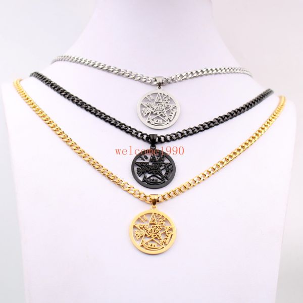 

gold silver black stainless steel men's 32mm geometric religious geometric jewish pentagram wicca pendant curb chain necklace 5mm 24&#0
