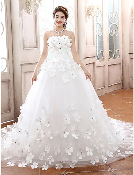 2016 neue Heiße Mode Kostenloser Versand Elegantes Ballkleid Trägerlosen Lace-up Blumen Tüll Kapelle Zug Brautkleider 100