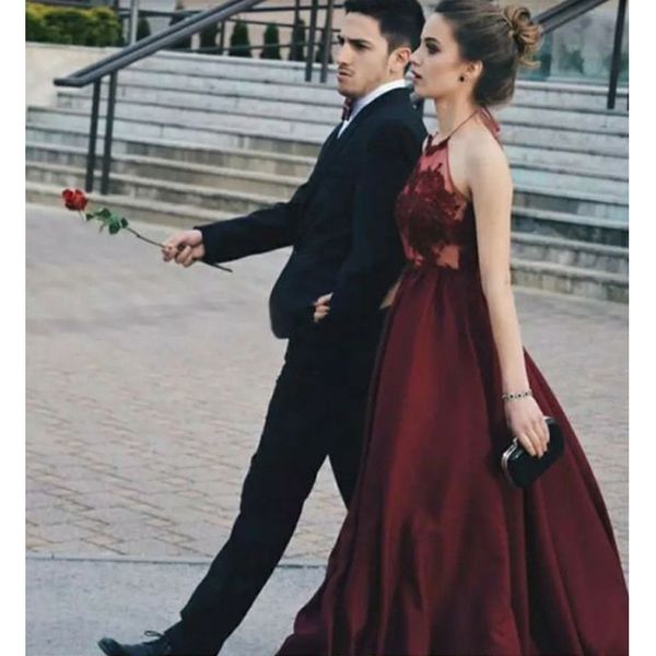 

new chiffon burgundy halter prom dress backless long party dress lace stain evening dress custom made, Black