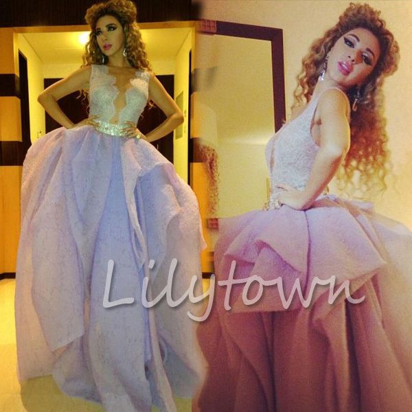 2015 Sexy Myriam Fares Celebrity Dress Ball Gown Perline senza maniche Piano Lunghezza Abiti da tappeto rosso Abiti da sera convenzionali QA592