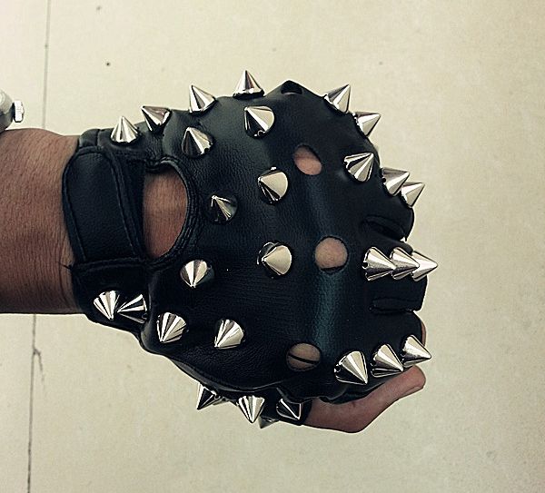 

wholesale-otherness black leather punk gloves short metal rivet punk gloves for men & women, Blue;gray