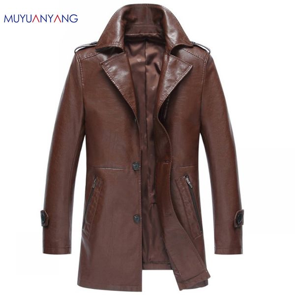 

wholesale- casual mens long leather jacket single breasted fur clothing plus size 2xl 3xl men faux leather coats pu jackets, Black