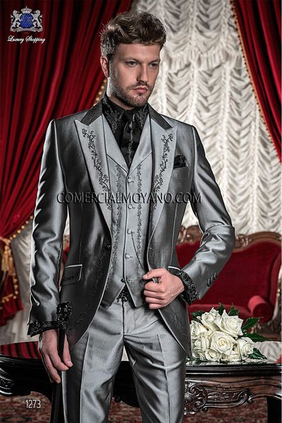 Neue stilvolle Slim Fit Silbergrau Bräutigam Smoking spitze Revers Stickerei Haut Herren Hochzeitskleid Abschlussball Kleidung (Jacke + Hose + Krawatte + Weste)