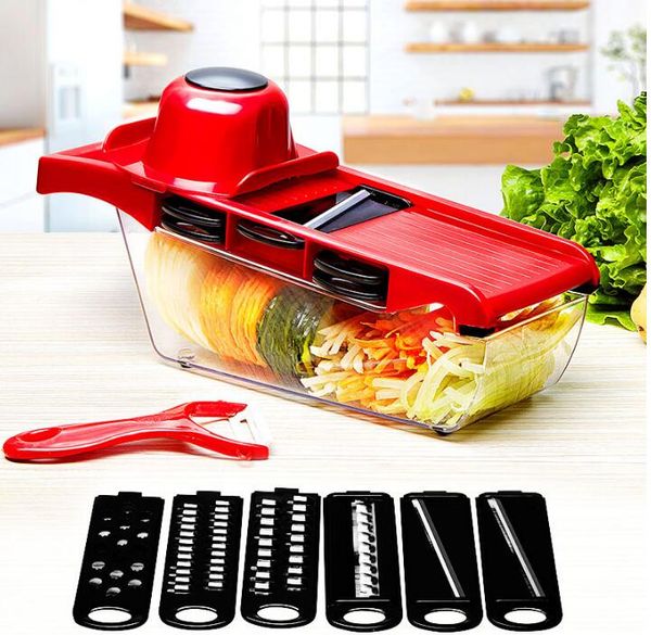 Tagliaverdure Mandoline Taglierina 6 lame intercambiabili Lama in acciaio inox Pelapatate manuale Grattugia carote Dicer Contenitore per la conservazione