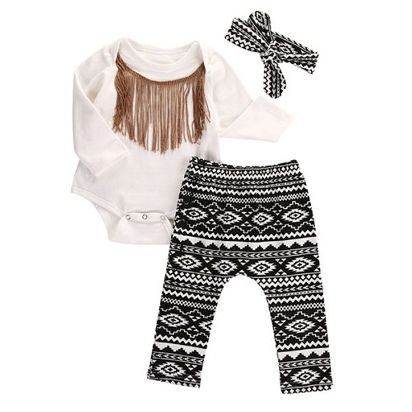 

newvorn baby girl clothes kids clothing sets fashion tassels cotton baby rompers +pant +headband 3pcs sets outfits for tlddler gils clothes, White