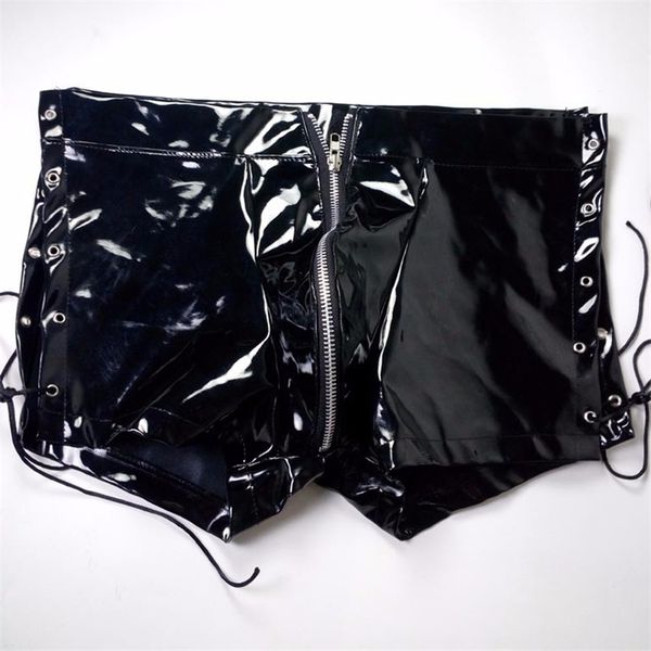 

boxer shorts men underpant gay pu faux leather erotic wetlook tight skinny bandage men's latex zipper boxers home clubwear costume, Black;white