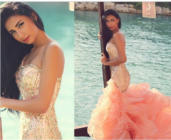 

mermaid peach ruffle one shoulder 2021 prom dress evening dress gown formal sleeveless crystal organza modern evening gown, Black