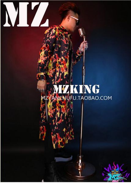 

male singer han edition fashion club in europe and the runway looks flame stretch long shirts costumes. s - 6 xl, Black;red