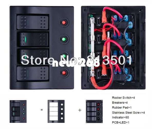 4 Gang Marine Boat Bridge Control Panel LED Rocker Switch With Circuit Breakers INDICATOR