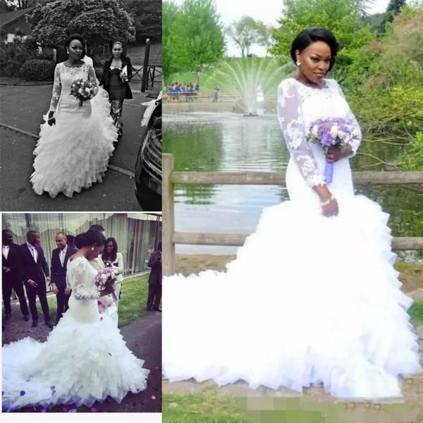

african mermaid wedding dresses with lace appliques illusion long sleeves wedding gowns plus size tiered tulle long retro bridal dress, White