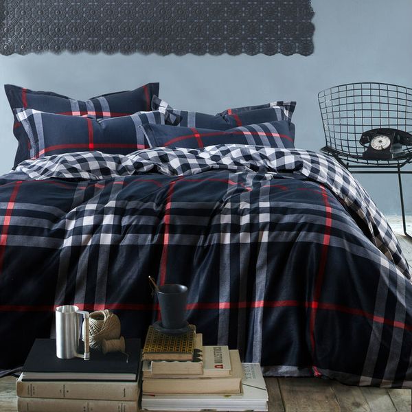 Wholesale Mens Plaid Stripe Reactive Print Bedding Set Navy 100