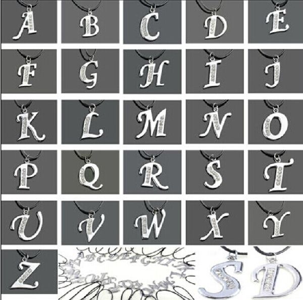 

promotion price 100pcs men women fashion jewelry mix order alloy crystal 26 english letters pendant leather cord necklace clavicle necklace, Silver