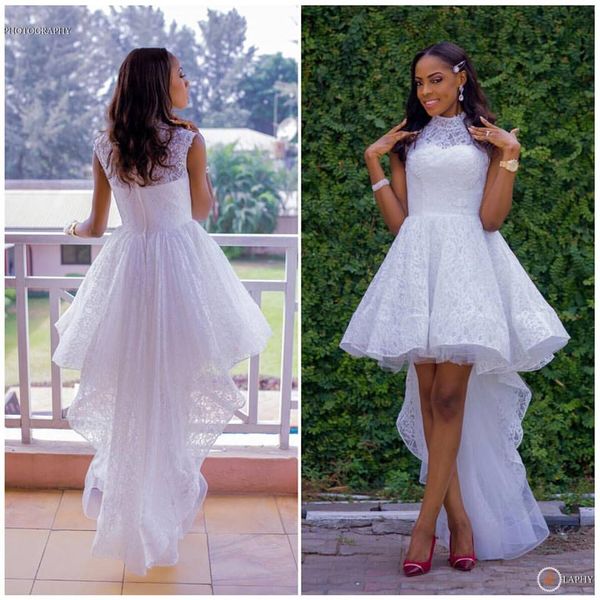 

white a-line wedding dresses high neck hi-lo lace bridal gowns no sleeve elegant dress for wedding exquisite vestidos chic