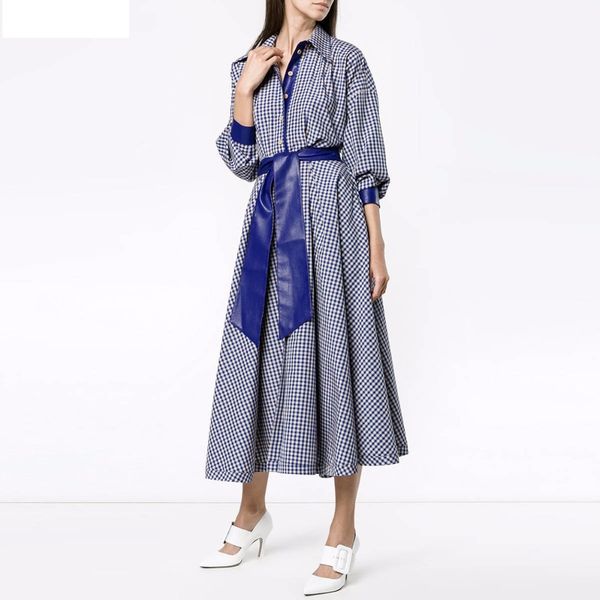 

office work lady blue plaid shirt maxi dresses 2018 spring summer vintage collar long sleeve sashes ankle length casual dresses plus size, Black;gray