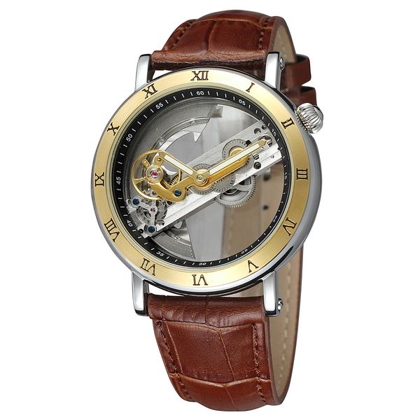 

2018 new forsining men's watch super cool design high-grade waterproof leather belt double through the hollow automatic mechanical watc, Slivery;brown