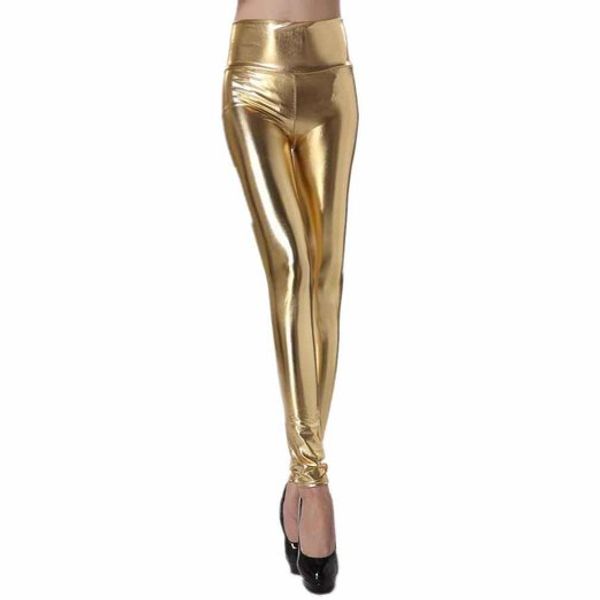 Mulheres moda faux leats de couro high cintura high wetly olhar shinning jeggings noite fora clubwear partido multicolor alto aumento calça