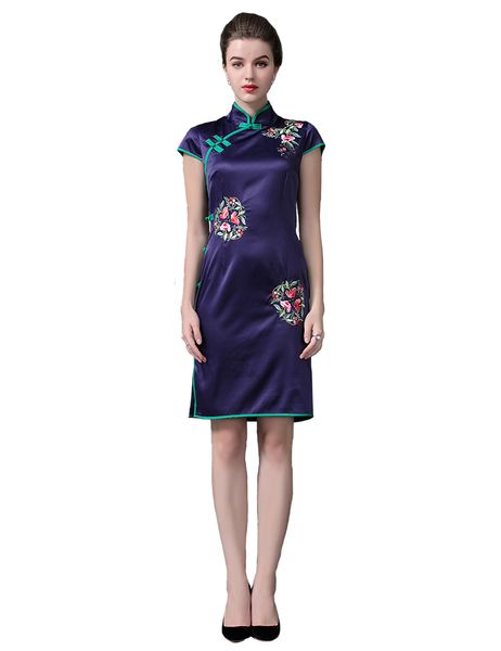 

embroidery women sheath dress stand collar short sleeve dresses 11k804, White;black