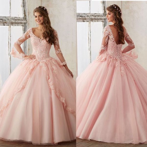 

new quinceanera pageant ball gown long-sleeve dress prom party dresses pink tulle applique lace 16 dresses, Blue;red