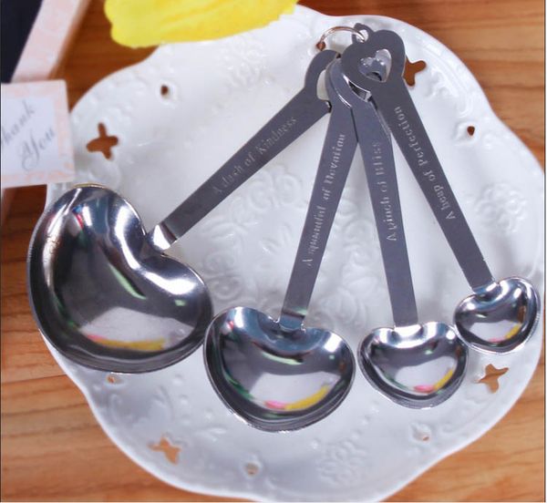 

delicate 50sets =200pcs/lot heart shaped measuring spoons set wedding favors love new 4pcs/set for each gift box