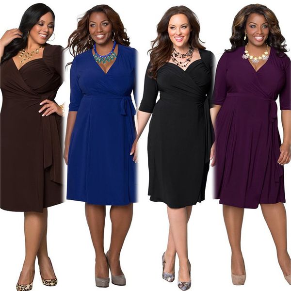 

women's clothing casual dresses autumn spring plus size deep v-neck half sleeve vintage solid casual knee-length office dress retail, Black;gray
