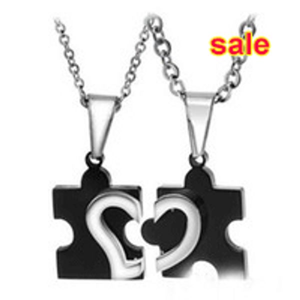 

wholesale-1 pair romantic 2015 new men's women's couple lovers stainless steel love heart puzzle necklaces & pendants for lover, Silver