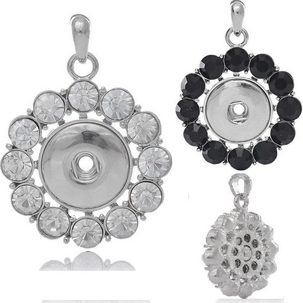 

white black rhinestones round flower shaped diy snap button pendant for necklace diy jewelry factory directly wholesale, Silver