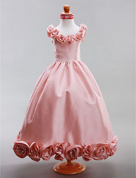 Maßgeschneidertes Prinzessin-Blumenmädchenkleid aus Taft in A-Linie mit U-Ausschnitt und Bodenlänge
