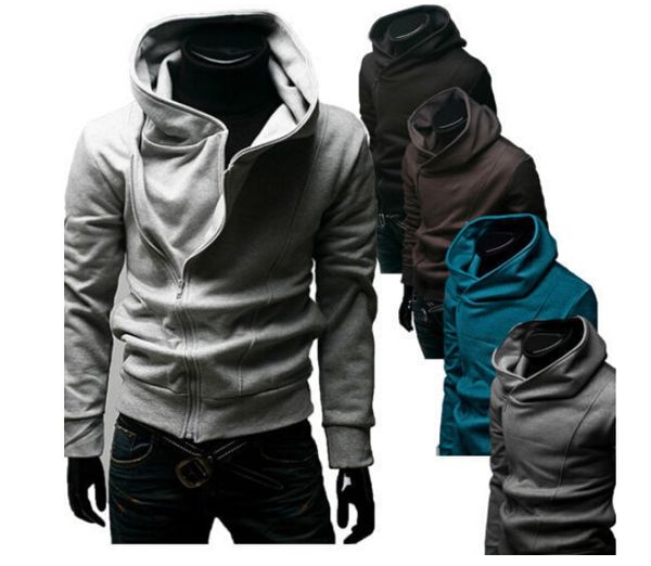 

winter new men's slim personalized hat inclined zipper design hoodies & sweatshirts jacket sweater assassins creed coat, Black