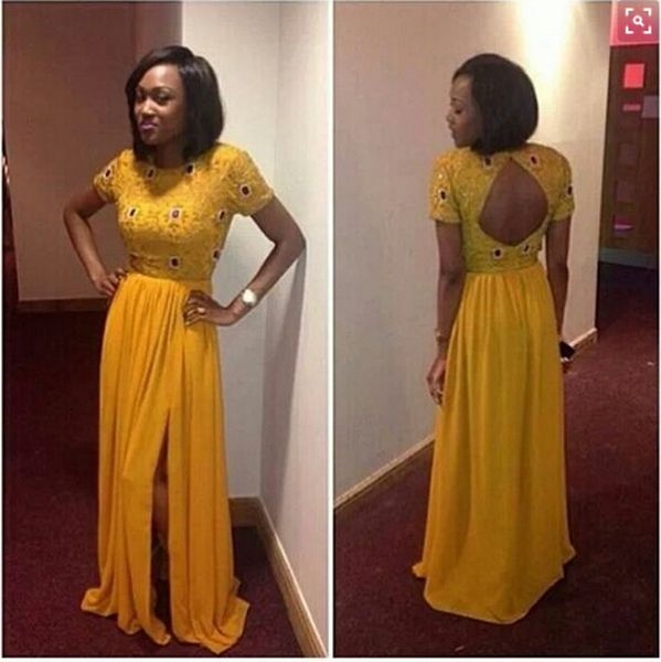 

yellow short sleeves front split chiffon prom dresses beading prom gowns 2016 cutom made vestidos party gowns, Black