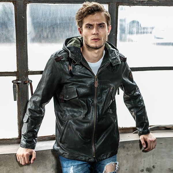 

limited edition avirexfly men leather jackets motorcycle leather jackets 4 colours genuine leather flight jacket with hoody, Black