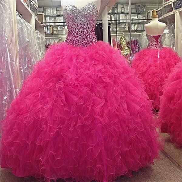 

pink ruffles tulle ball gowns quinceanera dresses luxury crystal sweetheart sweet 16 dress floor length puffy masquerade prom party gown, Blue;red